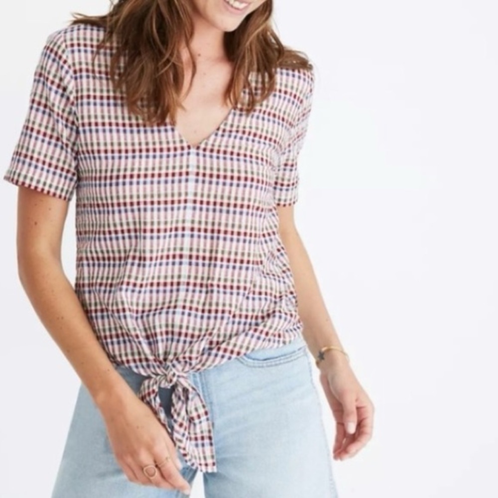 Madewell Novel Tie-Front Top in Rainbow Gingham Check